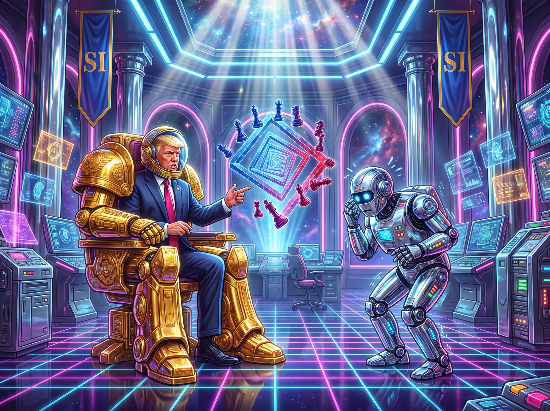 Parody digital art of Donald Trump in a gold mech suit playing holographic 4D chess against a nervous chrome robot