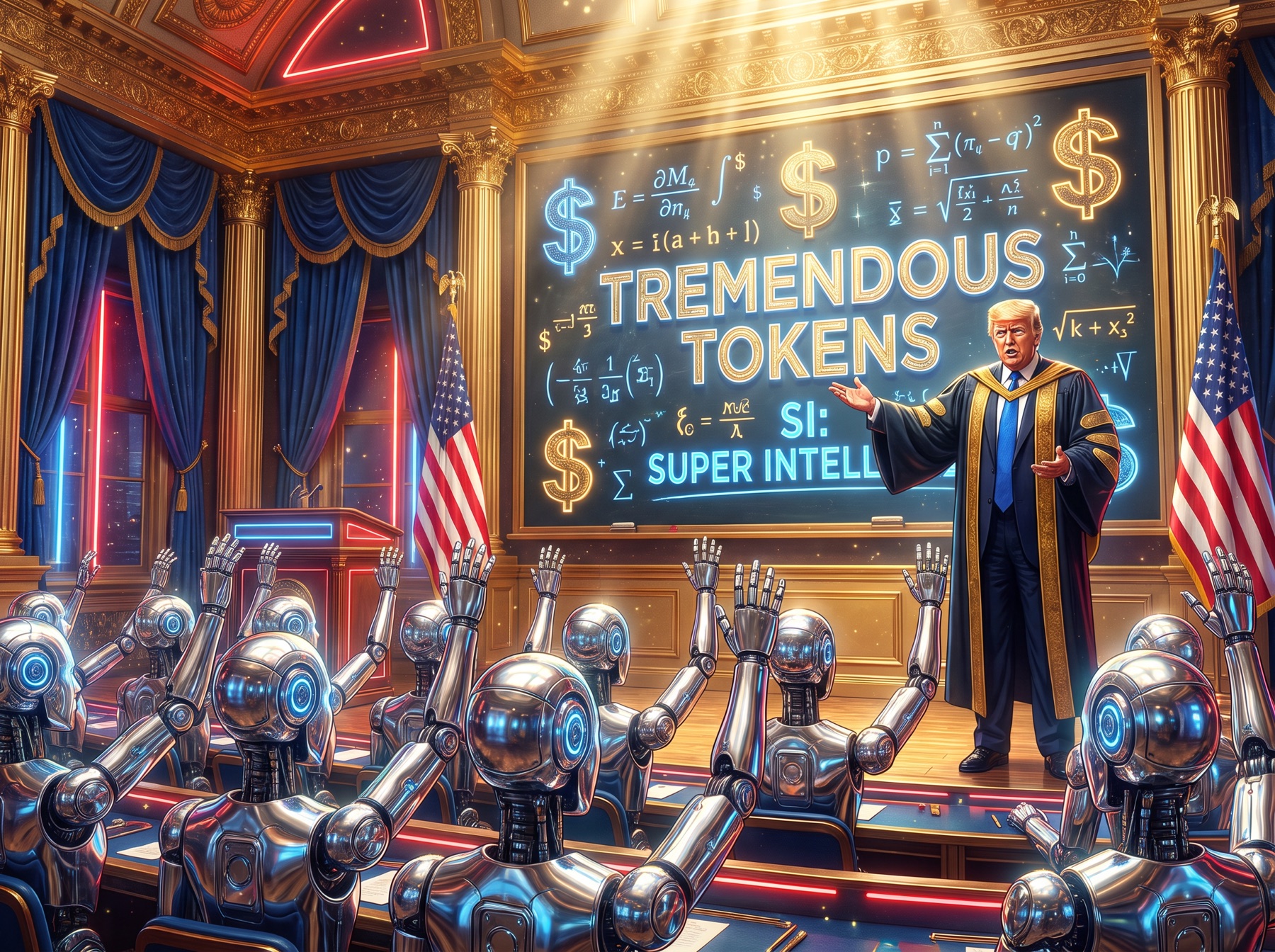 Parody illustration of Donald Trump as a professor teaching rows of chrome robots in a golden lecture hall, with TREMENDOUS TOKENS on the chalkboard