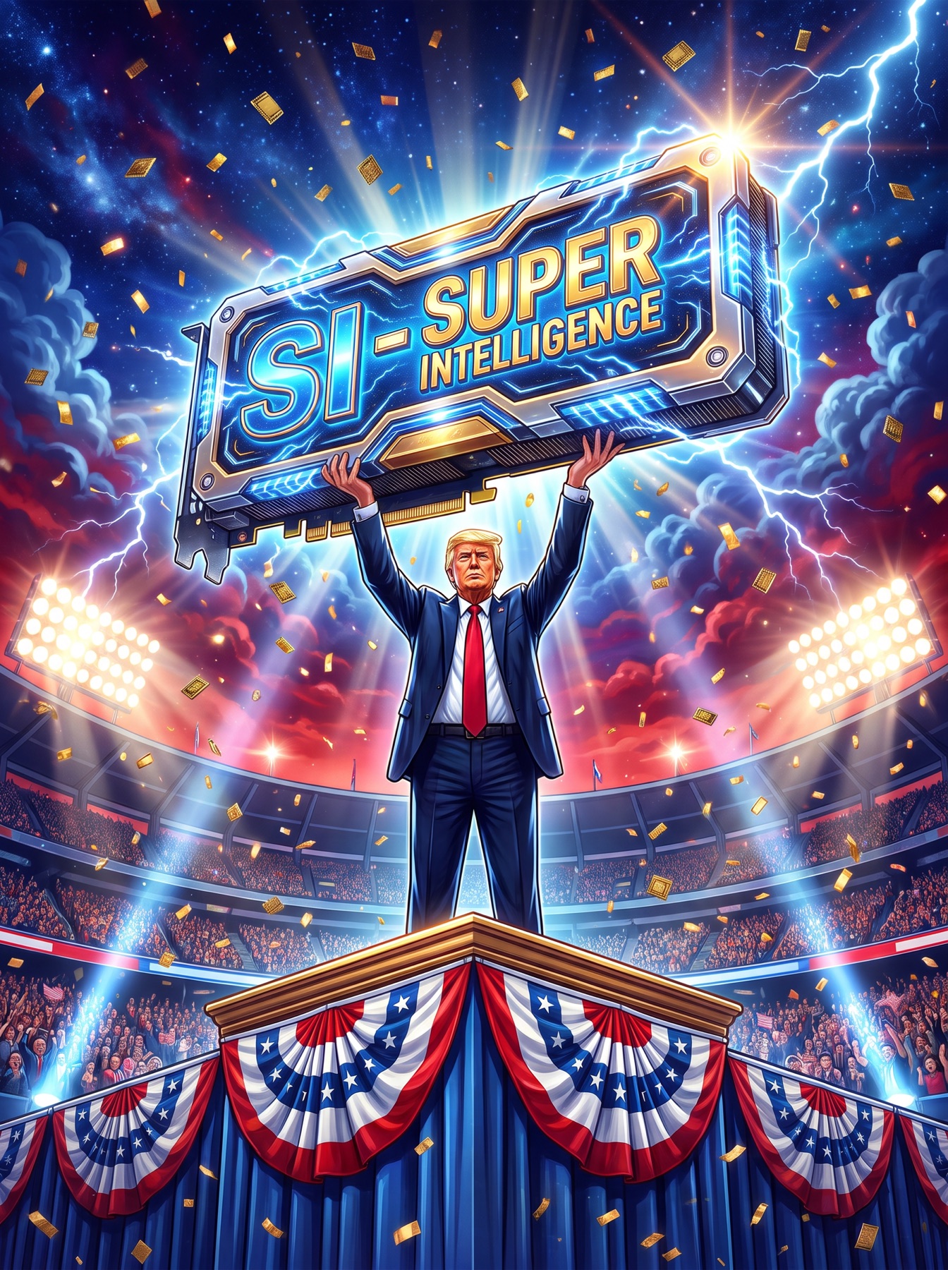 Parody digital art of Donald Trump hoisting a giant glowing graphics card like a championship trophy in a stadium full of microchip confetti